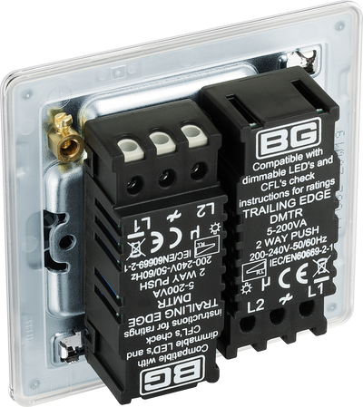 BG Electrical FPC82 Nexus Flatplate Screwless Polished Chrome 2 Gang 200W 2 Way Trailing-Edge Push Dimmer Switch
