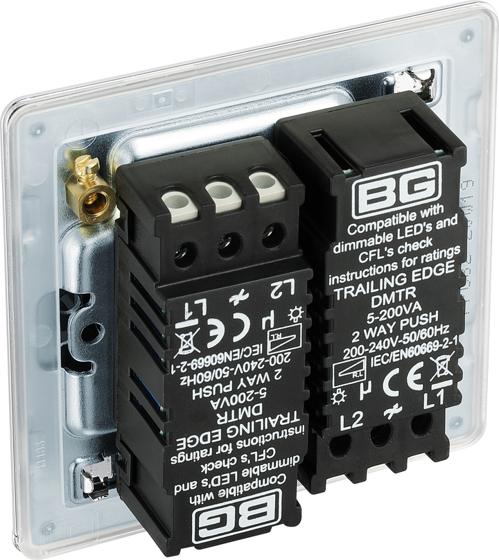 FPC82 Back - This trailing edge double dimmer switch from British General allows you to control your light levels and set the mood. The intelligent electronic circuit monitors the connected load and provides a soft-start with protection against thermal.