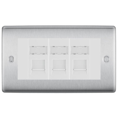 BG Nexus Brushed Steel 3 Gang RJ45 Cat6 Data Socket Outlet White Inserts by British General (BG-NBSRJ453W)