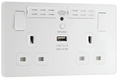 BG PCDCL22UWRW Pearlescent White Evolve 2 Gang 13A 1x USB-A 2.1A Wi-FI Extender Switched Socket Outlet - White Insert