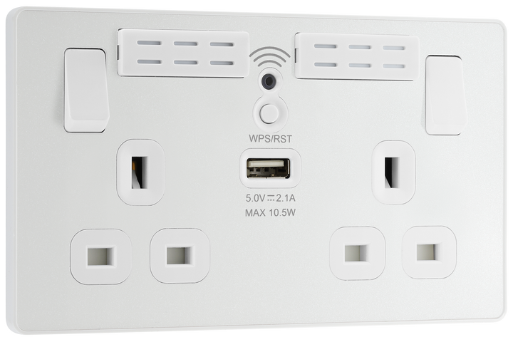 PCDCL22UWRW Front - This Evolve pearlescent white 13A double power socket with integrated Wi-Fi Extender from British General will eliminate dead spots and expand your Wi-Fi coverage.