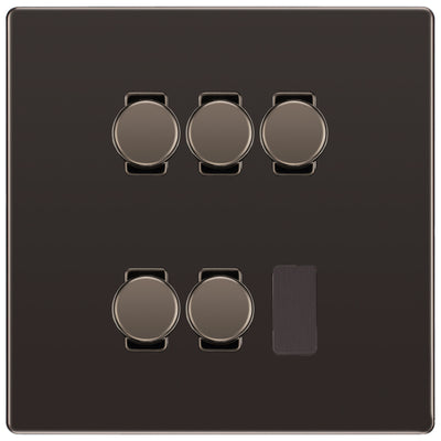 BG Black Nickel Screwless Flat Plate 5 Gang Trailing Edge LED Dimmer Light Switch 2 Way Custom Switch by British General (SCREWLESS-BN-5G-CUSTOM-5xDIMMER-2Way)