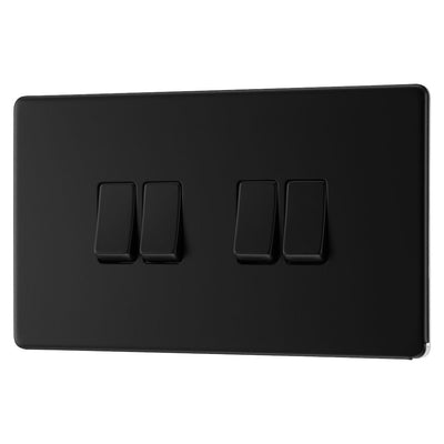 BG Screwless Matt Black 20A 16AX 2 Way Quadruple Light Switch FFB44 with 25mm Steel Back Box