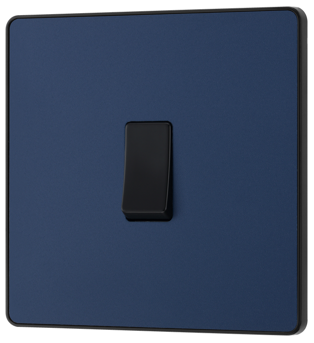 PCDDB13B Front - This Evolve Matt Blue 20A 16AX intermediate light switch from British General should be used as the middle switch when you need to operate one light from 3 different locations, such as either end of a hallway and at the top of the stairs.