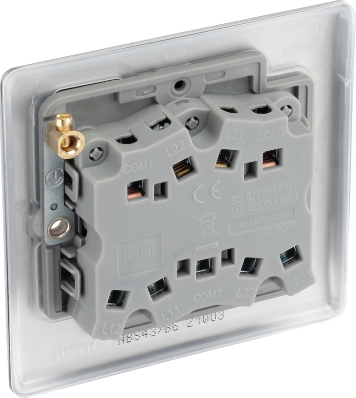 NBS43 Back - This brushed steel finish 20A 16AX triple light switch from British General can operate 3 different lights whilst the 2 way switching allows a second switch to be added to the circuit to operate the same light from another location (e.g. at the top and bottom of the stairs).