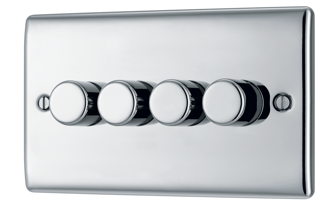 NPC84 Front - This trailing edge quadruple dimmer switch from British General allows you to control your light levels and set the mood. The intelligent electronic circuit monitors the connected load and provides a soft-start with protection against thermal.