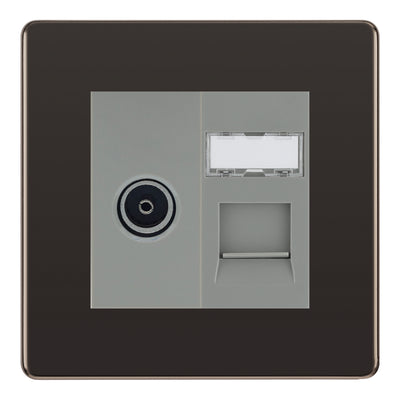 BG Screwless Black Nickel TV Aerial & RJ45 CAT6 Data Socket - Grey Insert by British General