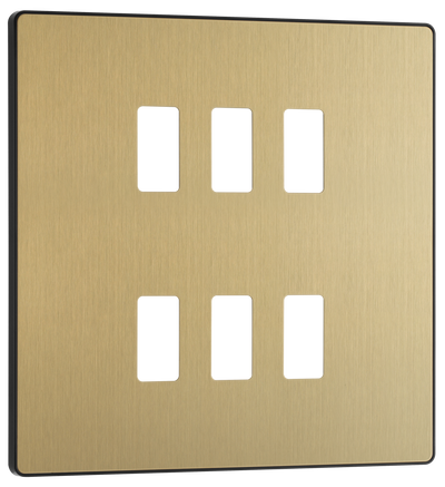 BG RPCDSB6B Evolve Grid Satin Brass 6 Module Square Front Plate - Black Trim
