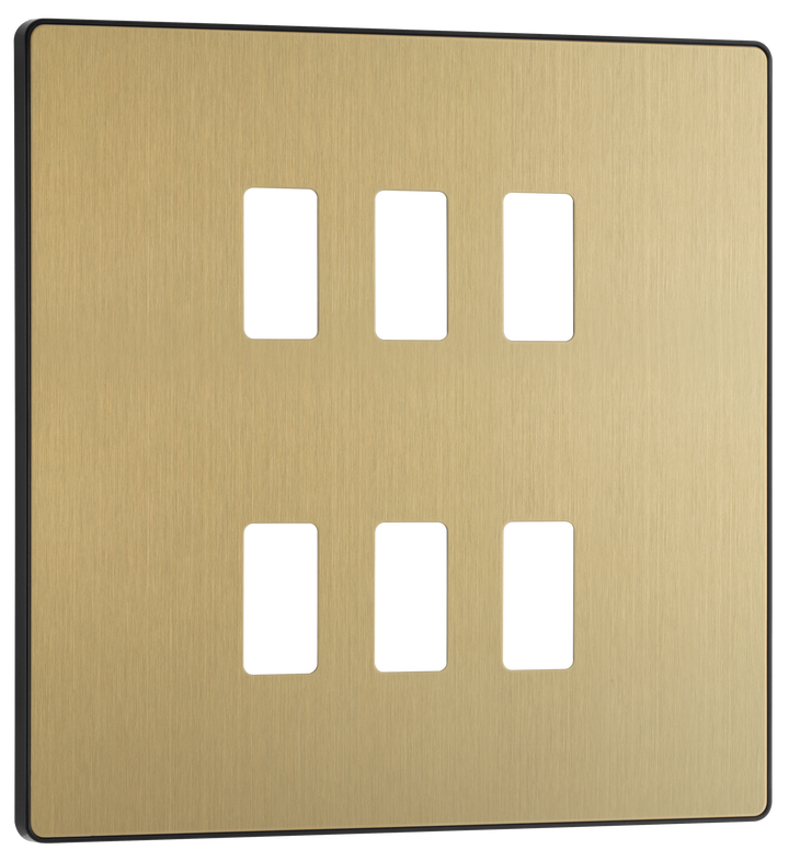 RPCDSB6B Front - The Grid modular range from British General allows you to build your own module configuration with a variety of combinations and finishes. This satin brass finish Evolve front plate clips on for a seamless finish, and can accommodate 6 Grid modules - ideal for commercial applications.