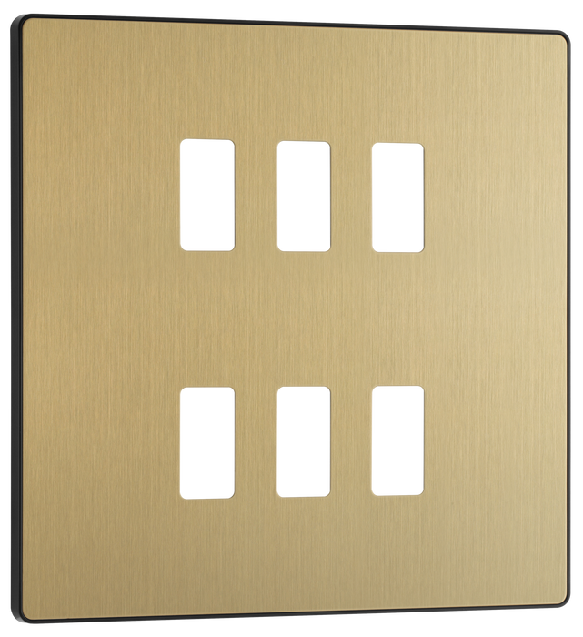 RPCDSB6B Front - The Grid modular range from British General allows you to build your own module configuration with a variety of combinations and finishes. This satin brass finish Evolve front plate clips on for a seamless finish, and can accommodate 6 Grid modules - ideal for commercial applications.