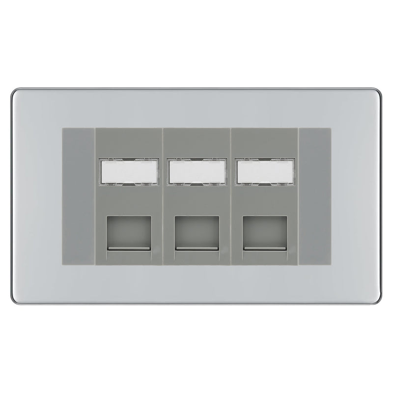 BG Screwless Polished Chrome 3 Gang RJ45 CAT6 Data Socket Grey Inserts