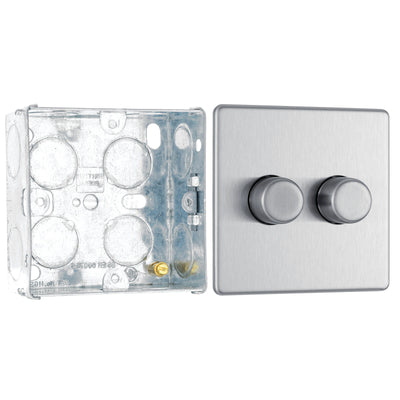 BG Screwless Brushed Steel 200W 2 Way Double Trailing Edge Dimmer Switch FBS82 with 35mm Steel Back Box
