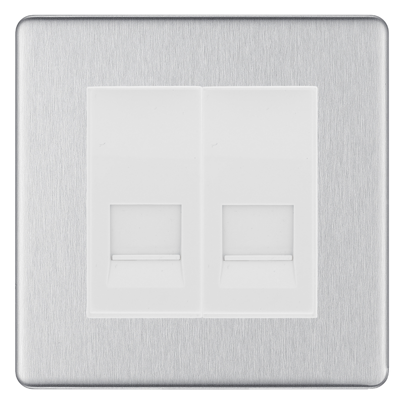 BG Screwless Brushed Steel Double Secondary Telephone Socket, Screw Terminal - White Insert