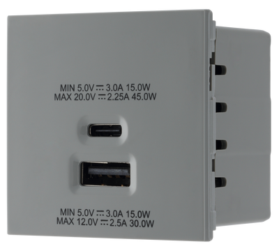 BG EMUSBAC45G Euro Module 2 Port A & C 45 USB Charging Module - Grey by British General (BG-EMUSBAC45G)