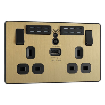 BG Evolve Satin Brass Double USB Socket with WiFi Extender PCDSB22UWRB and 25mm Steel Back Box