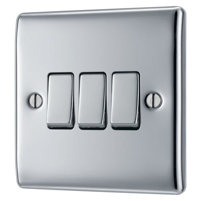 BG Nexus Metal Polished Chrome 20A 16AX 2 Way Triple Light Switch NPC43 with 25mm Steel Back Box