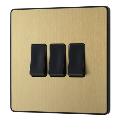 BG Evolve Satin Brass 3 Gang 20A 16AX 2 Way Light Switch PCDSB43B with 25mm Steel Back Box
