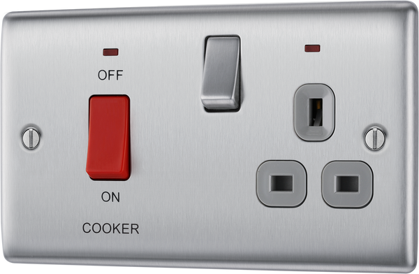 NBS70G Front - This 45A cooker control unit from British General includes a 13A socket for an additional appliance outlet, and has flush LED indicators above the socket and switch.