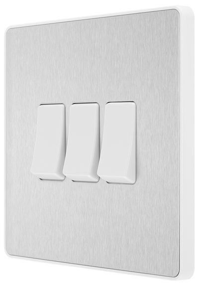BG PCDBS43W Brushed Steel Evolve 3 Gang 20A 16AX 2 Way Light Switch - White Insert