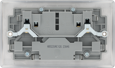 BG NBS22UAC12G Nexus Metal 13A Double Switched Power Socket + USB A+C (12W) - Brushed Steel + Grey Insert by British General (BG-NBS22UAC12G)