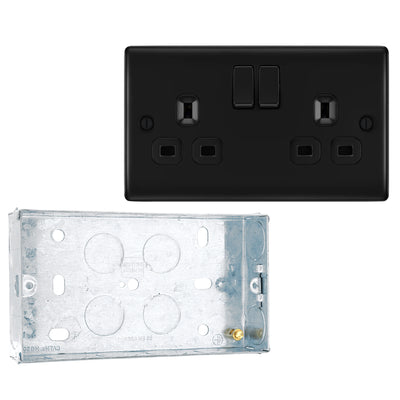 BG Nexus Matt Black 13A Double Switched Socket NFB22B with 25mm Steel Back Box by British General (BG-NFB22B+HGS04)