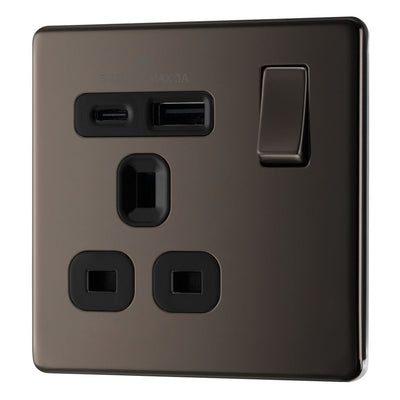 BG FBN21UAC18B Nexus Screwless Flatplate | Black Nickel | 1 Gang 13A 1 Pole 1x USB-A 1x USB-C | Switched Single Socket