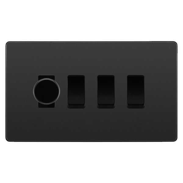 BG Evolve Black Chrome 4 Gang Light Switch 1x Trailing Edge LED Dimmer 3x 2 Way Custom Switch