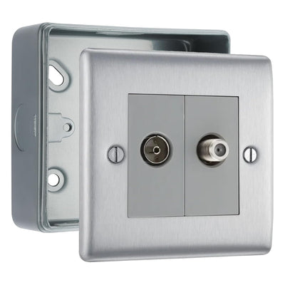 BG Nexus Brushed Steel 2 Gang 1x Co-Axial 1x Satellite Socket & Surface Pattress Back Box by British General (BG-NBS65+MC501)