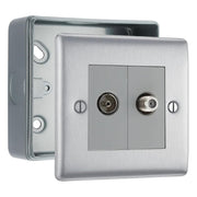 BG Nexus Brushed Steel 2 Gang 1x Co-Axial 1x Satellite Socket & Surface Pattress Back Box by British General (BG-NBS65+MC501)
