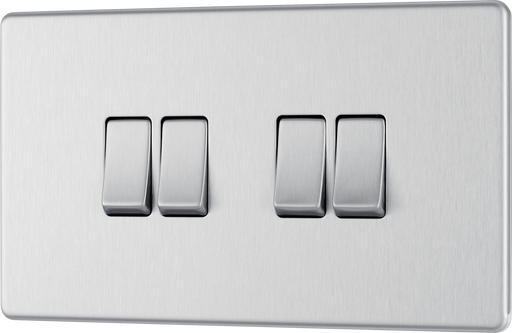FBS44 Front - This Screwless Flat plate brushed steel finish 20A 16AX quadruple light switch from British General can operate 4 different lights whilst the 2 way switching allows a second switch to be added to the circuit to operate the same light from another location (e.g. at the top and bottom of the stairs).