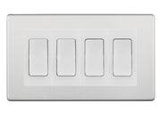 BG Screwless Brushed Steel 4-Gang Light Switch 1x 2-Way + 3x Intermediate – White Inserts by British General (BG-SCRL-BS-4G-Combo-3x INT-1x 2WAY-WH)