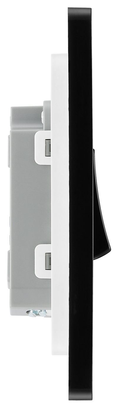 PCDSB12B Side - This Evolve Satin Brass 20A 16AX single light switch from British General will operate one light in a room. The 2 way switching allows a second switch to be added to the circuit to operate the same light from another location (e.g. at the top and bottom of the stairs).