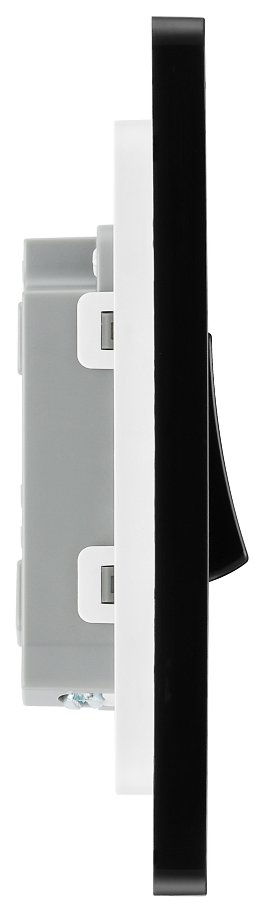 PCDSB12B Side - This Evolve Satin Brass 20A 16AX single light switch from British General will operate one light in a room. The 2 way switching allows a second switch to be added to the circuit to operate the same light from another location (e.g. at the top and bottom of the stairs).