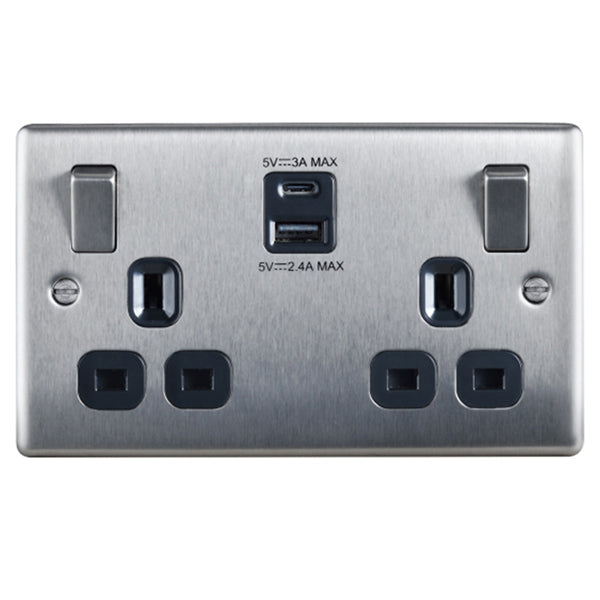 BG NBS22UACB Double 13 Amp Socket Outlet with A and C type USB Charger 3A Switched Socket
