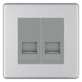 BG Screwless Brushed Steel Double Master Telephone Socket, Screw Terminal - Grey Insert