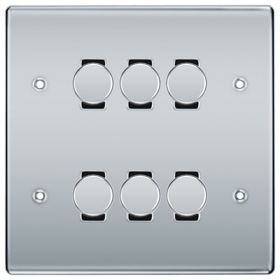 BG Polished Chrome 6 Gang Trailing Edge LED Dimmer Light Switch 2 Way Custom Switch by British General (NEXUS-PC-6G-CUSTOM-6xDIMMER-2Way)