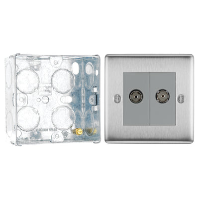 BG Nexus Brushed Steel Double Isolated Co-Axial Socket NBS63 with 35mm Steel Back Box