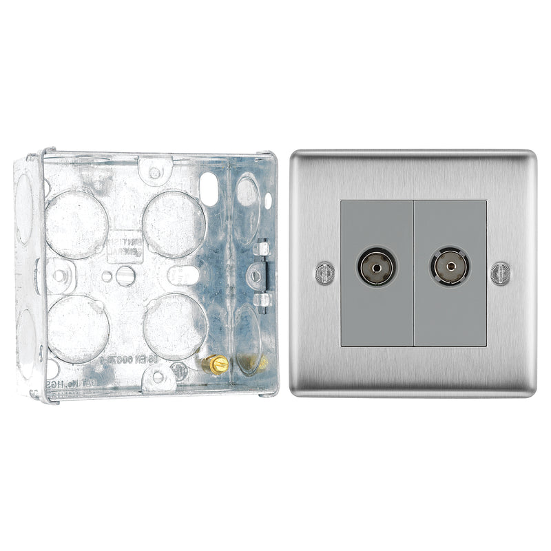 BG Nexus Brushed Steel Double Isolated Co-Axial Socket NBS63 with 35mm Steel Back Box