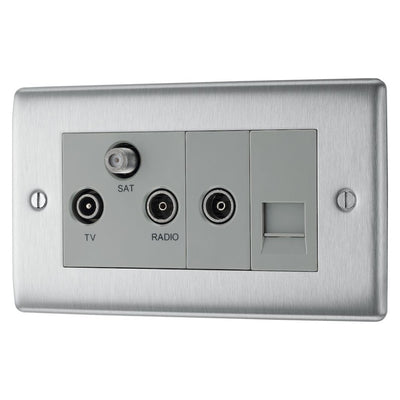 BG Nexus Brushed Steel Triplex TV/FM/Sat Socket + Return & Tel. with Surface Pattress Back Box