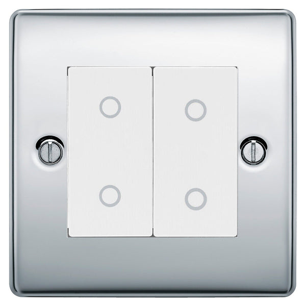 BG Nexus Polished Chrome Double Secondary Touch Dimmer Switch White Inserts NPCTDS2W