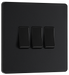 PCDMB43B Front - This Evolve Matt Black 20A 16AX triple light switch from British General can operate 3 different lights, whilst the 2 way switching allows a second switch to be added to the circuit to operate the same light from another location (e.g. at the top and bottom of the stairs).