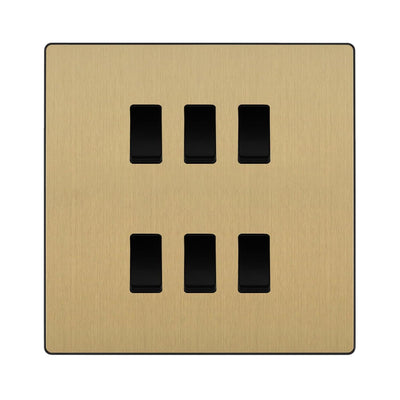 BG Evolve Satin Brass 6 Gang Intermediate Custom Grid Light Switch with Back Box Included by British General (BG-Evolve-SB-6G-CUSTOM-6x INT SWITCH)