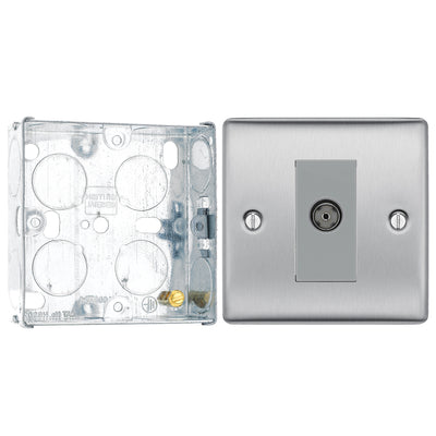 BG Nexus Brushed Steel Single Isolated Co-Axial Socket NBS62 with 25mm Steel Back Box by British General (BG-NBS62+HGS02)