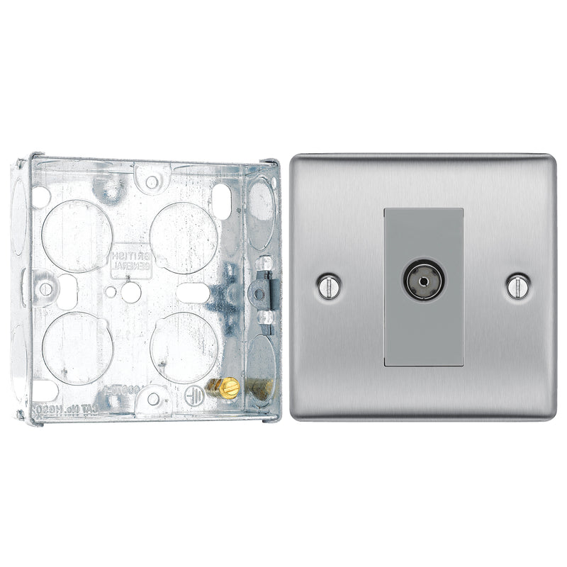 BG Nexus Brushed Steel Single Isolated Co-Axial Socket NBS63 with 25mm Steel Back Box