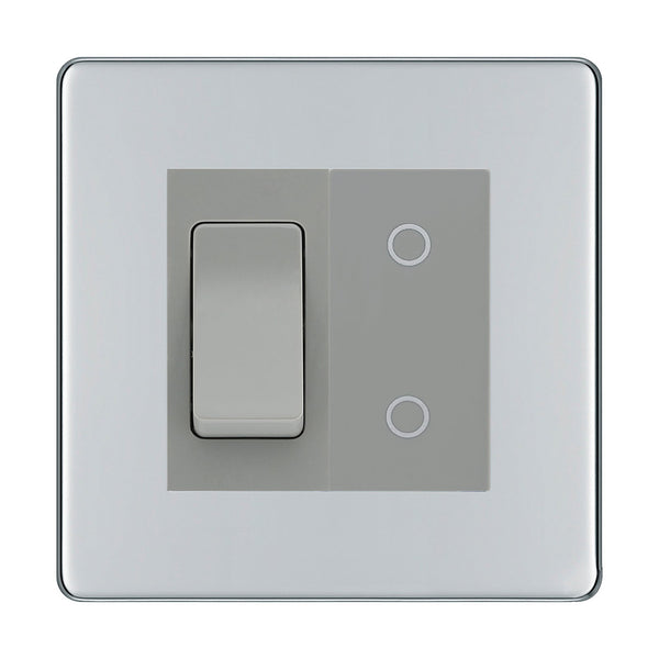 BG Polished Chrome Screwless 2 Gang Custom Switch 1x 2 Way Switch 1x Secondary Touch Dimmer Grey Inserts