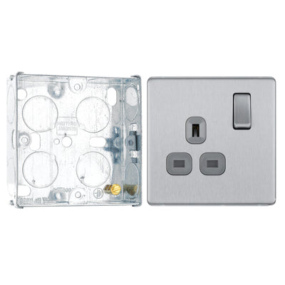 BG Screwless Brushed Steel 13A Single Socket FBS21G with 25mm Steel Back Box by British General (BG-FBS21G+HGS02)