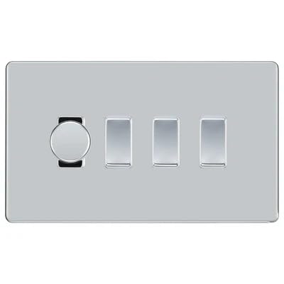 BG Screwless Polished Chrome 4 Gang Switch 1x Trailing Edge LED Dimmer 3x Intermediate Custom Grid Switch by British General (BG-SCRL-PC-4G-CUSTOM-1x-Dimmer-3x-INT)