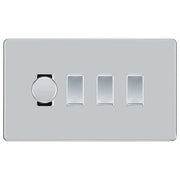 BG Screwless Polished Chrome 4 Gang Switch 1x Trailing Edge LED Dimmer 3x Intermediate Custom Grid Switch by British General (BG-SCRL-PC-4G-CUSTOM-1x-Dimmer-3x-INT)