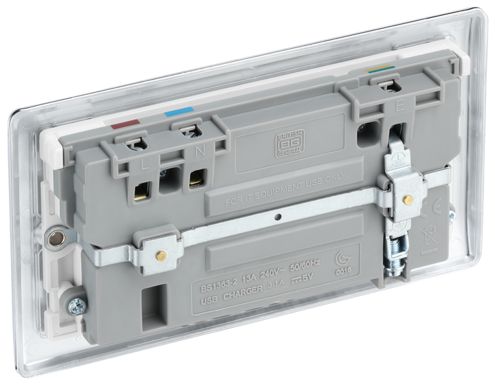 NPC22U3W Back - This 13A double power socket from British General comes with two USB charging ports, allowing you to plug in an electrical device and charge mobile devices simultaneously without having to sacrifice a power socket.