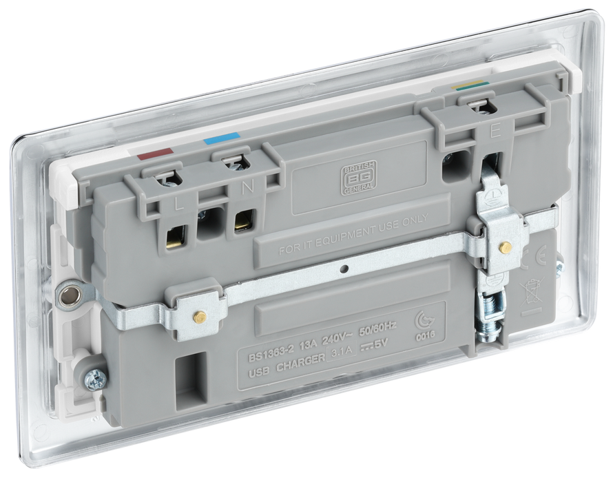 NPC22U3W Back - This 13A double power socket from British General comes with two USB charging ports, allowing you to plug in an electrical device and charge mobile devices simultaneously without having to sacrifice a power socket.